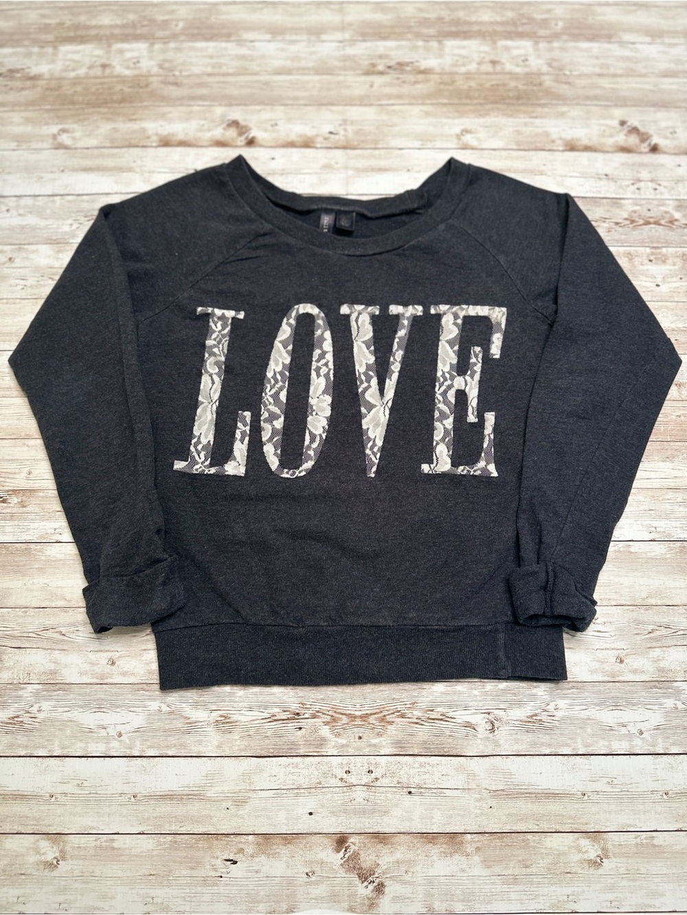 Full Tilt Black 'LOVE' Floral Lace Lettering Sweatshirt